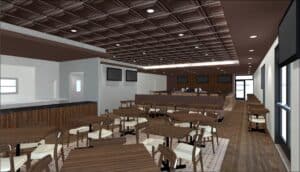 Rendering of Alondra Park Golf Course renovated dining area with wood coffered ceiling and bar