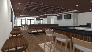 Rendering of clubhouse dining and bar space with patio doors at Alondra Park Golf Course