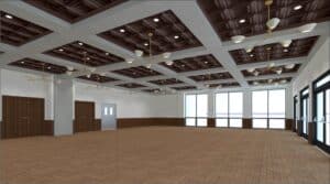 Rendering of renovated event hall at Alondra Park Golf Course with coffered ceiling and chandeliers