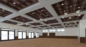 Rendering of Alondra Park Golf Course banquet room with large windows and chandeliers